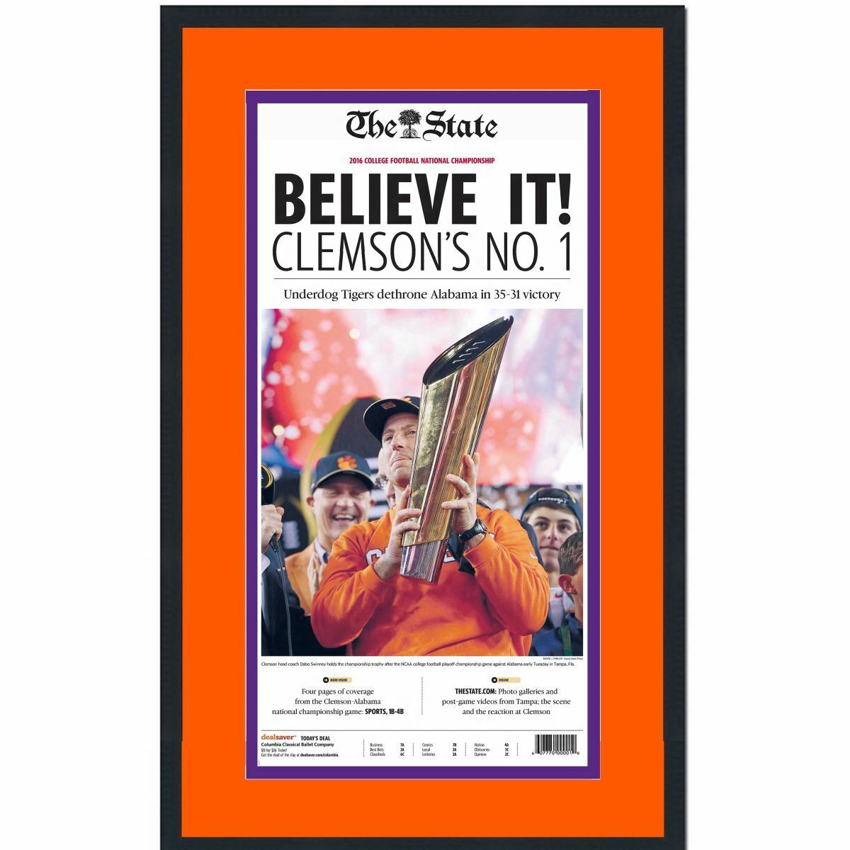 Framed The State Clemson 2016 NCAA Champions Newspaper 17x27 Cover Photo Poster painting V1