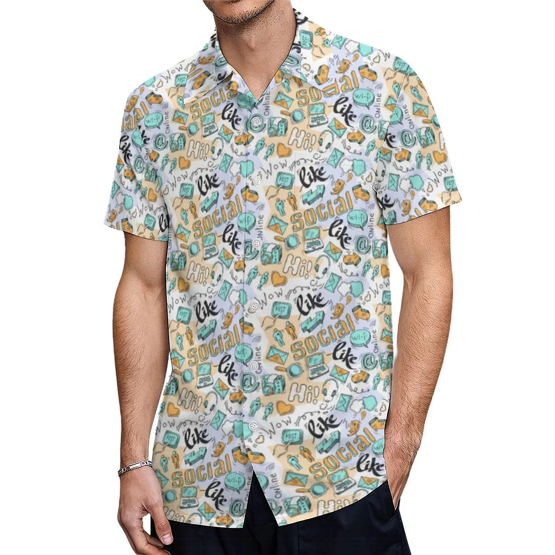 Short Sleeve Letter Hi Like Social Media Hawaiian Shirt Mens Button Down Plus Size Tropical Hawaii Beach Shirts