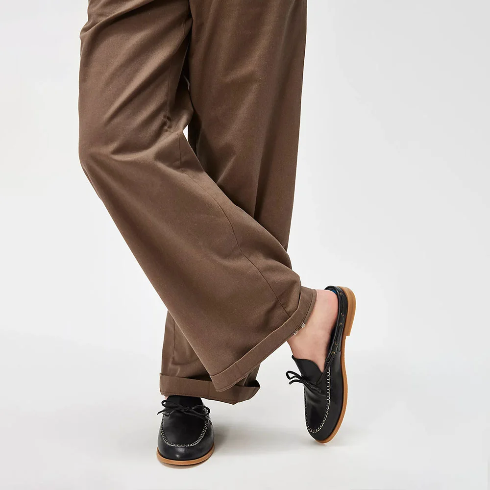 Black Round Toe Stitching Detail Flat Bow Loafer Mules for Women