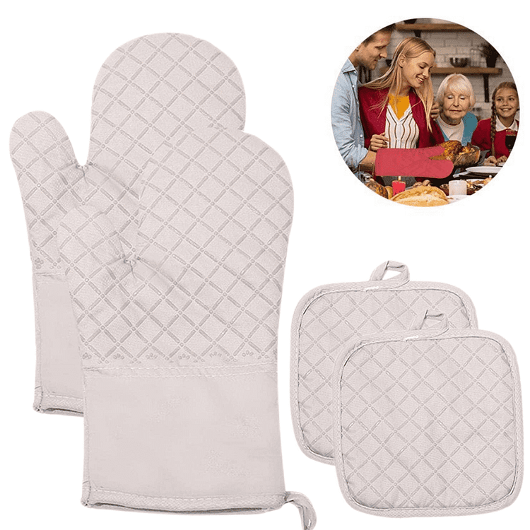 4Pcs Cotton Oven Mitts and Pot Holders Set Durable Hot Pads Machine Washable BBQ Gloves Heat Resistant Pocket Pot Holder with Hanging Loop for Safe Kitchen Baking Cooking Grilling