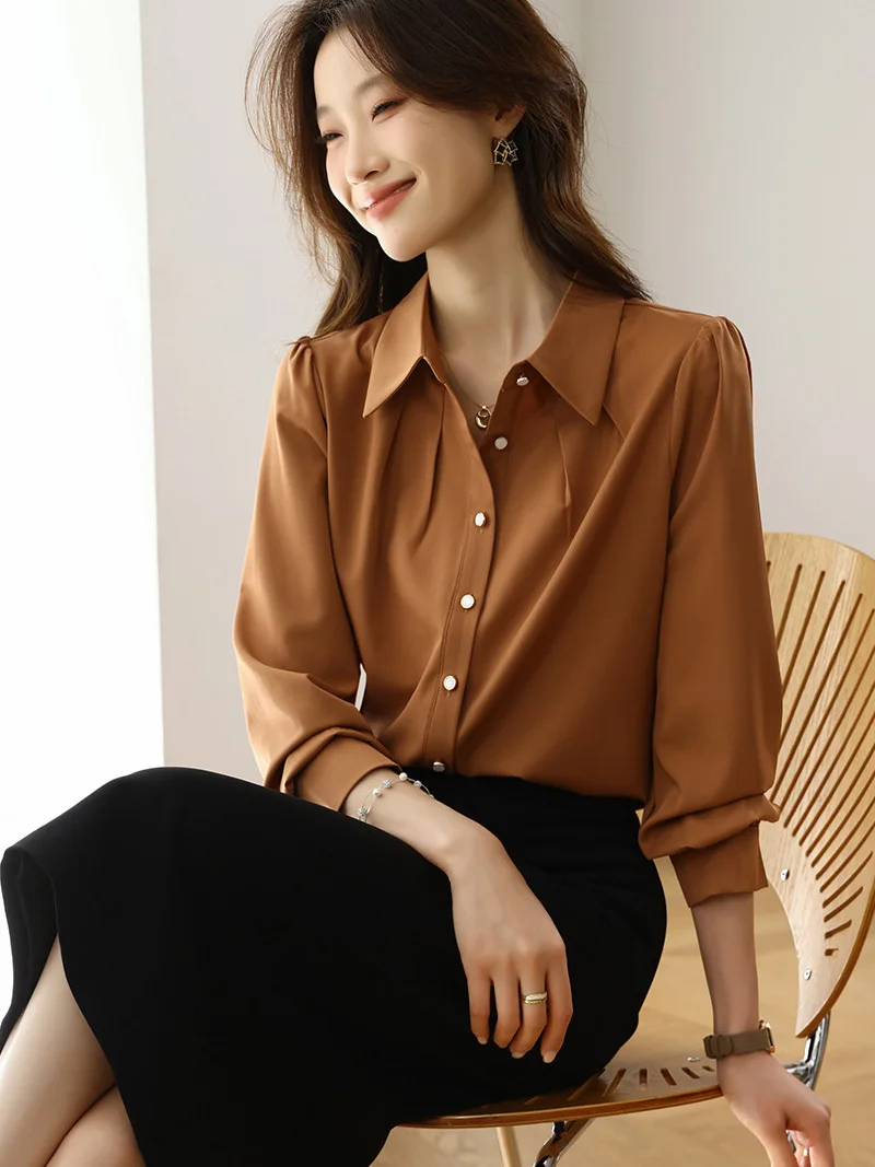 Athvotar Athvotar 2025 New Solid Color Shirt Slim Fashion Shirt Elegant Temperament Commuting OL Chiffon Shirt