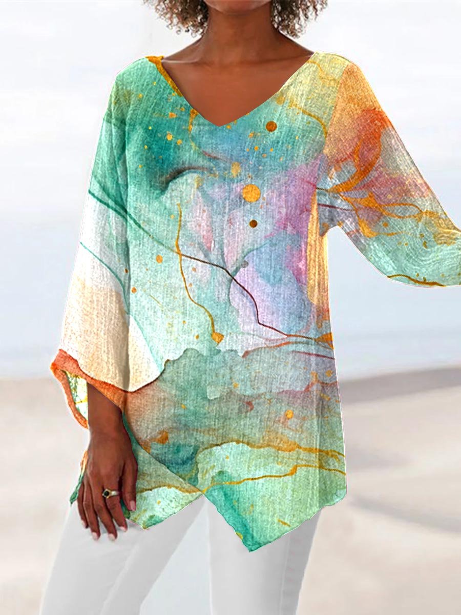 Women's Floral Pattern V-neck Cotton And Linen Top