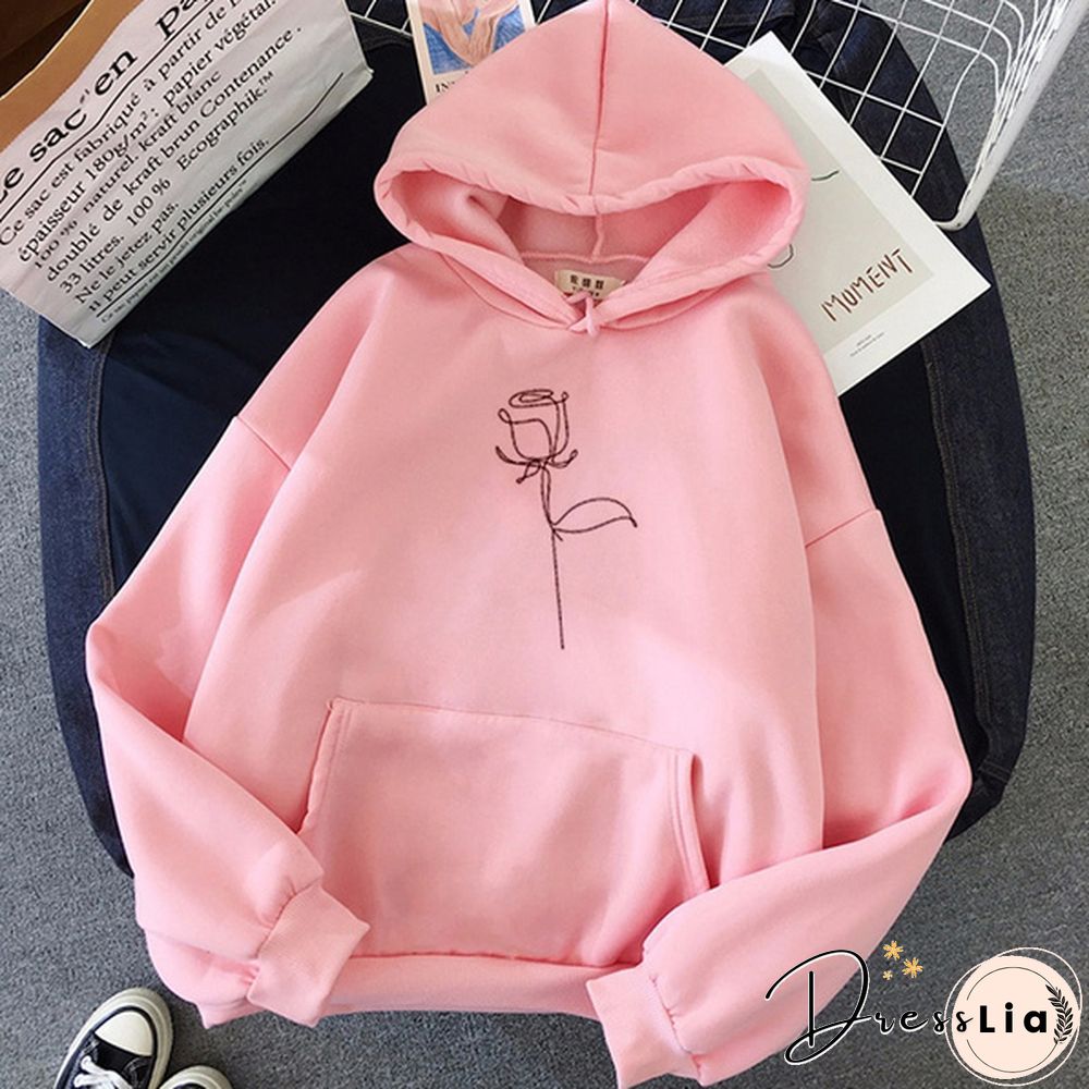New Fashion Ladies Girls Cute Rose Flower Printed Hoodies Thin Fleece Long Sleeve Casual Pullovers Women Hooded Sweatshirts