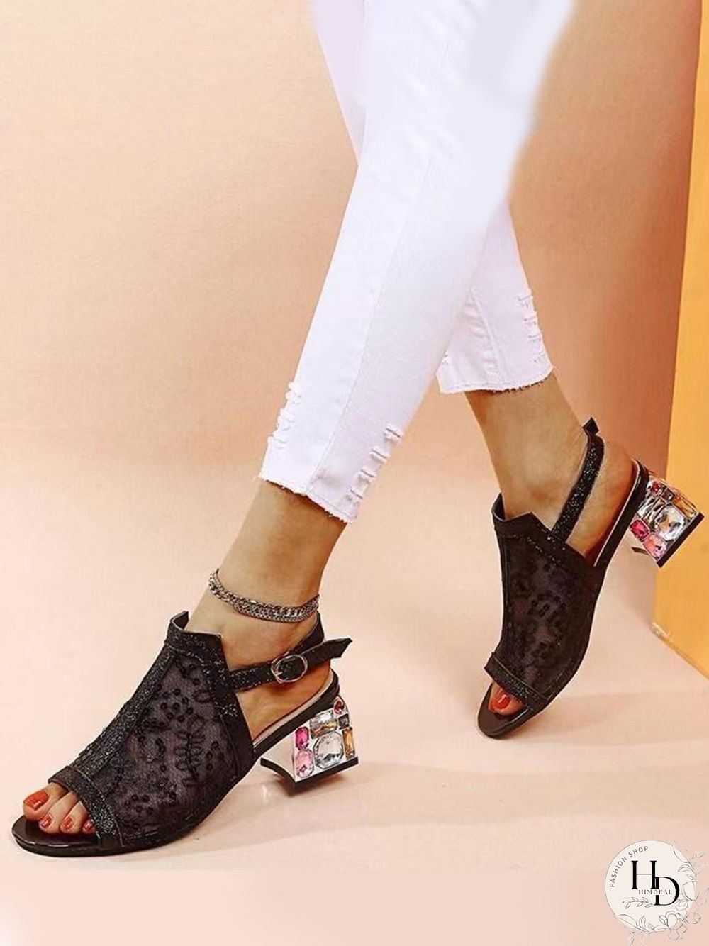 Mesh Sequined Fish Mouth Chunky Heel Sandals