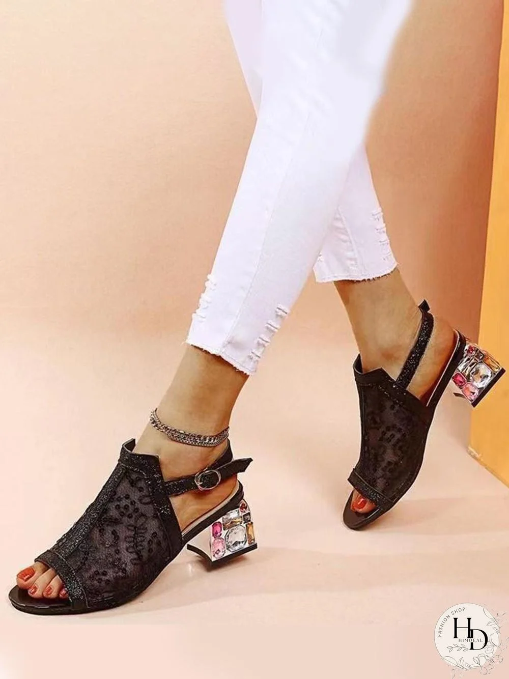 Mesh Sequined Fish Mouth Chunky Heel Sandals