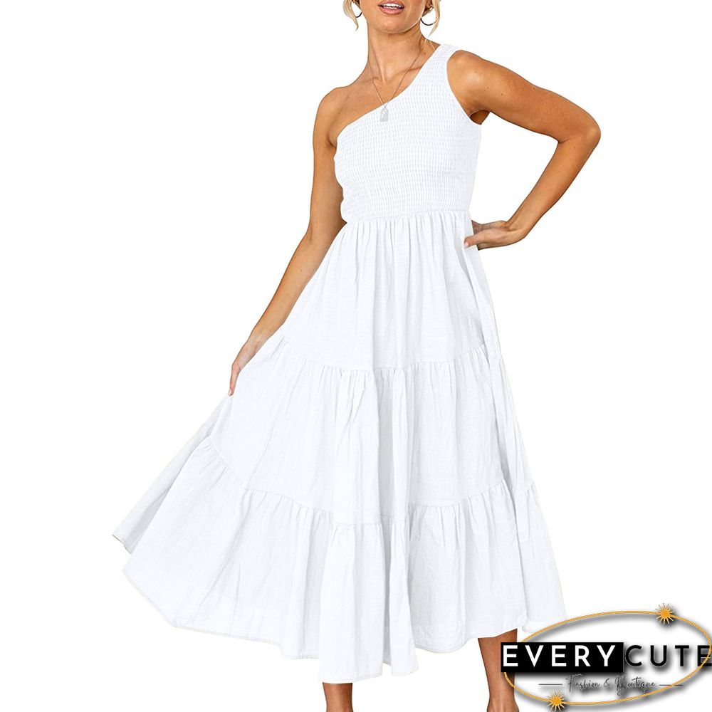 White One-shoulder Swing Holiday Casual Dress