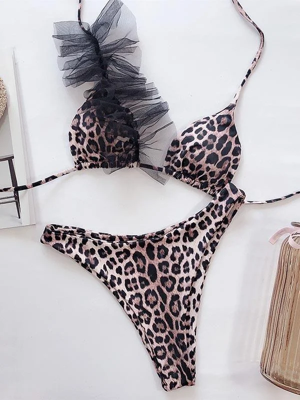 Leopard Print Embellished Triangles Split Bikini Swimsuit