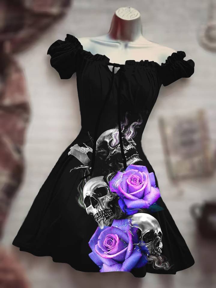 Sugar Skull Floral Print Halloween Puff Sleeve One-Shoulder Dress
