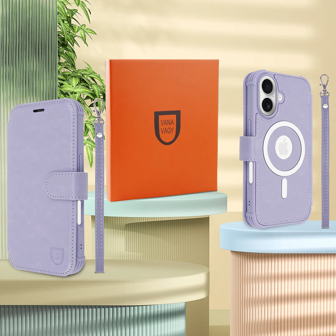 VANAVAGY Compatible for iPhone 16 Wallet Case for Magsafe Wireless Charging,Leather Flip Folio Wrist [Glass Screen Protectors & Camera Lens Protectors] with RFID Block Card Holder