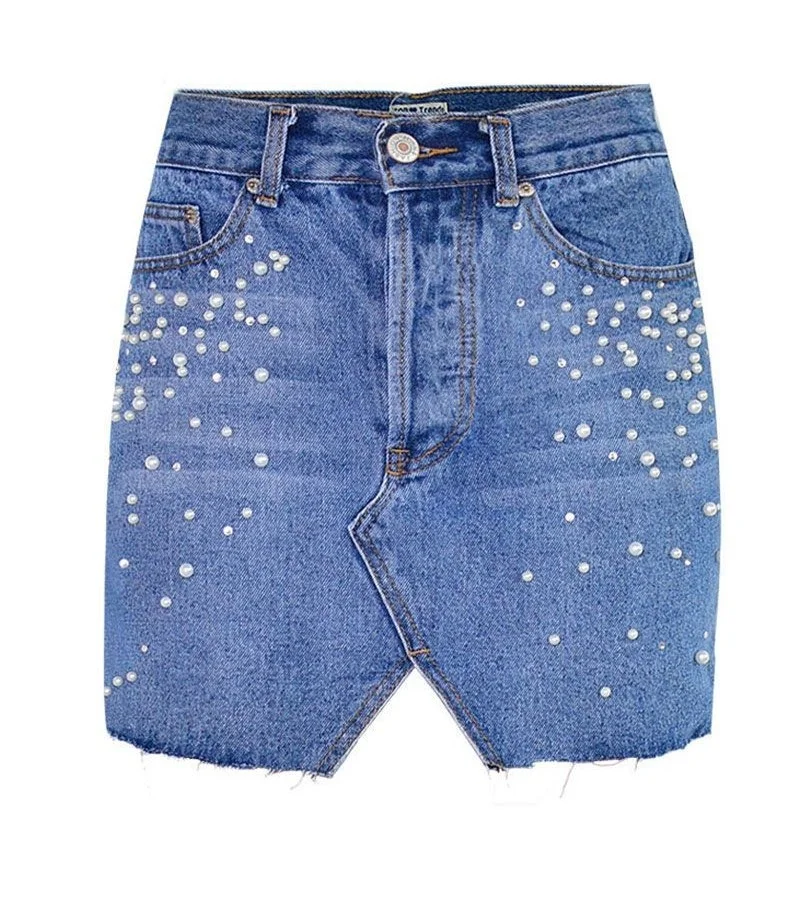 Women Unique Triangle Cutting Design Imitation Pearl High-waisted Denim Skirt