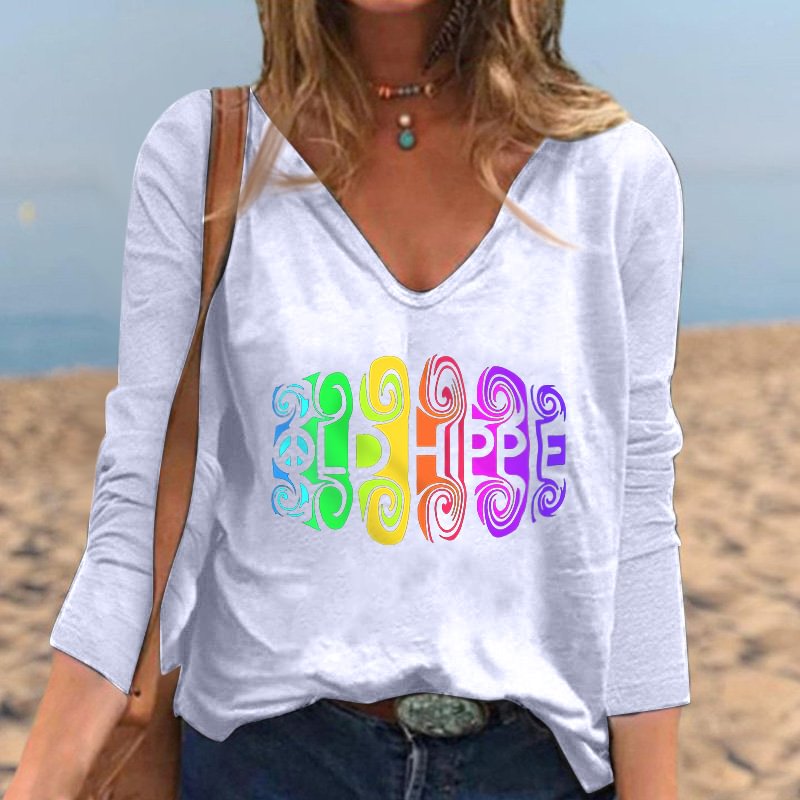 Colorful Hippie Peace Symbol Print V-neck Casual T-shirt