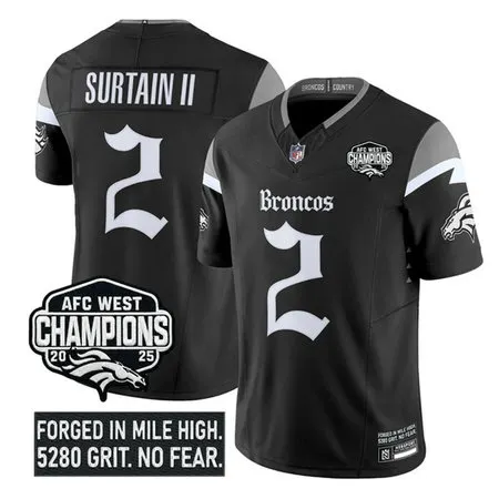 Men's Denver Broncos #2 Patrick Surtain II Black F.U.S.E 2025 Afc West Champions Patch "Gothic Mile High Shadows Edition" Vapor Limited Stitched Football Jersey
