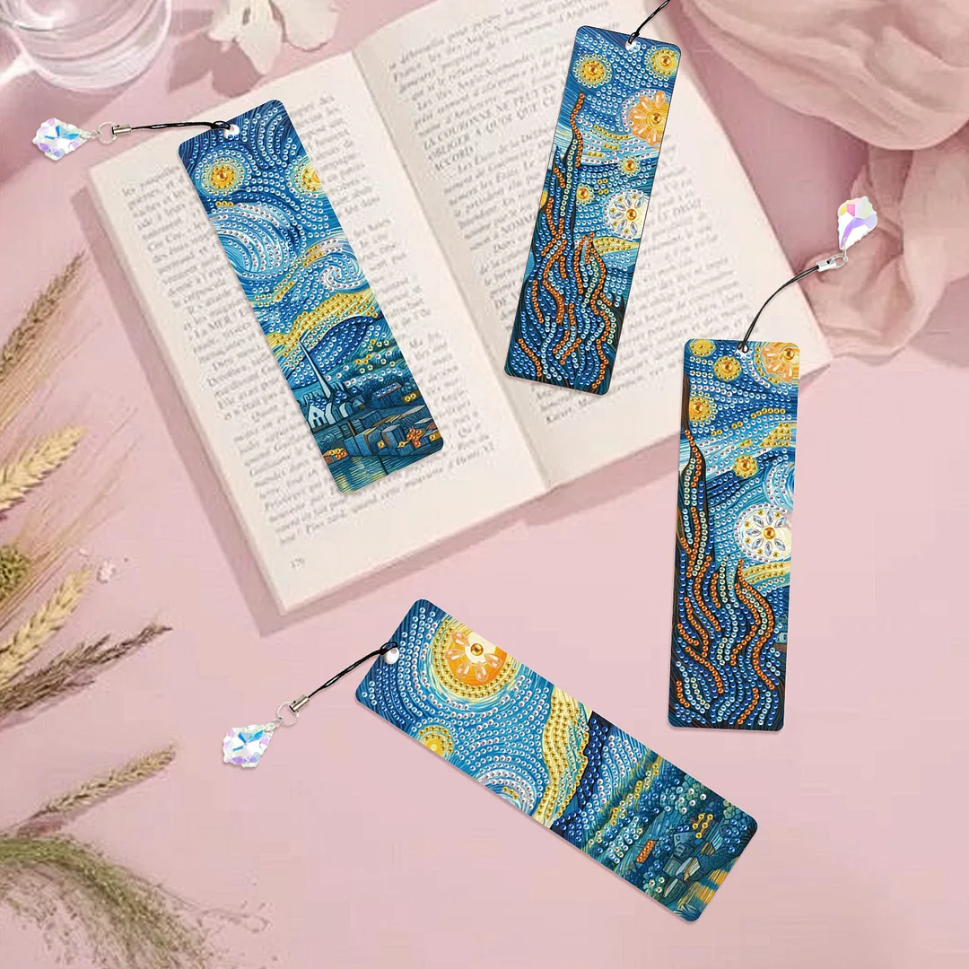 4Pcs Starry Night View DIY Diamond Bookmark Art Projects Irregular Shaped Diamonds Diamond Painting Art Bookmarks with Crystal Pendants for DIY Making Beginners Adult Art Craft Supplies