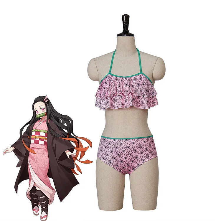 Demon Slayer Women's Kamado Nezuko Sexy Bikini Suit Swimwear Cosplay Costume