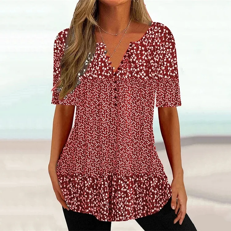 Printed V-Neck Button Loose Casual Blouse