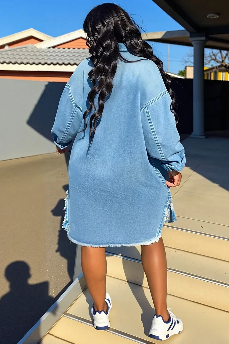 Plus Size Daily Blue Shirt Collar Long Sleeve Pocket Casual Ripped Denim Shirt Dresses [Pre-Order]