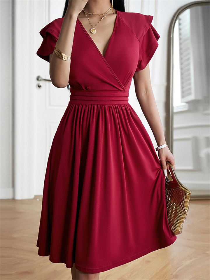 Solid Color Dress Summer Ladies Temperament Elegant V-neck Petal Sleeve Mid-length Dresses