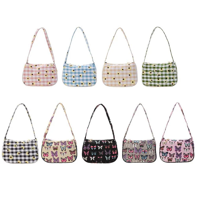 Fashion Women Daisy Butterfly Plaid Print Canvas Underarm Bag Mini Handbags-Annaletters