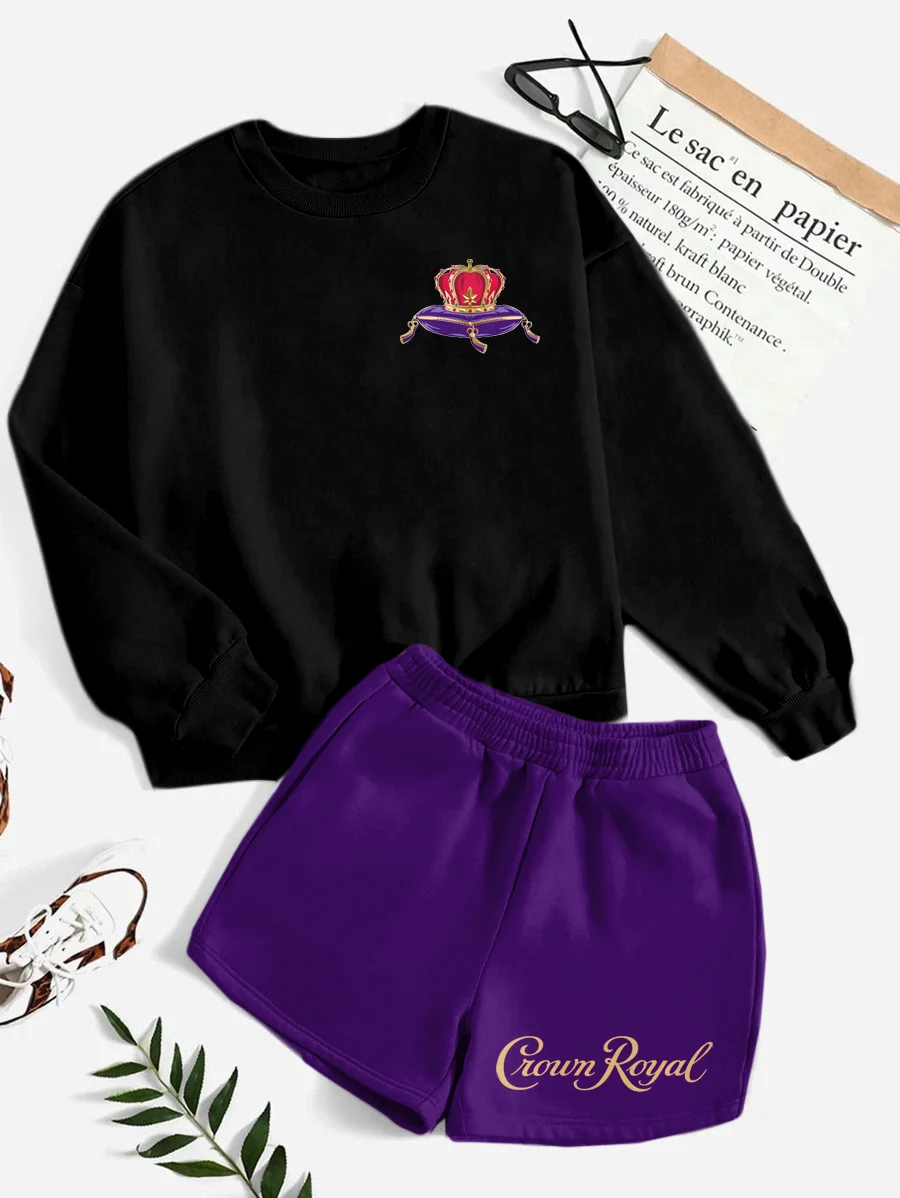 Round Neck Purple Drinking Sweatshirt & Shorts Set