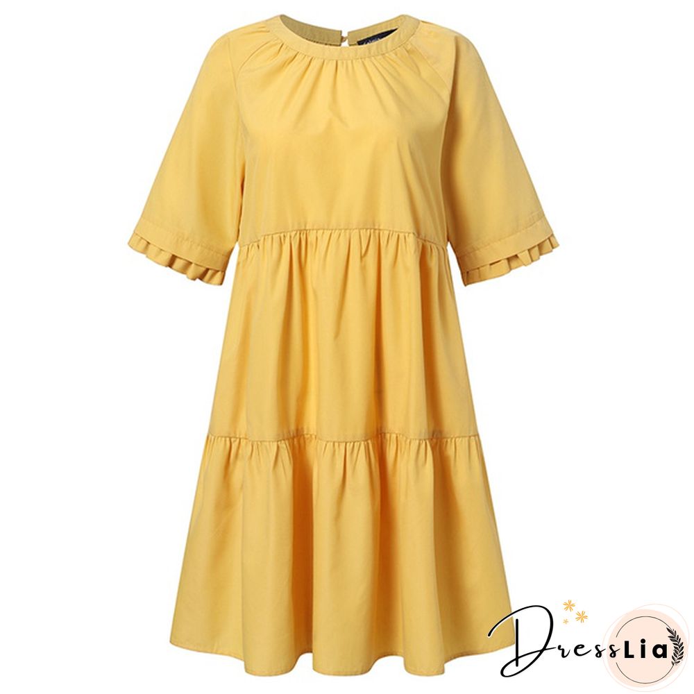 Women Casual Loose Elegant Mini Dress Summer Short Sleeve Party Pleated A Line Dress Plus Size Kleid