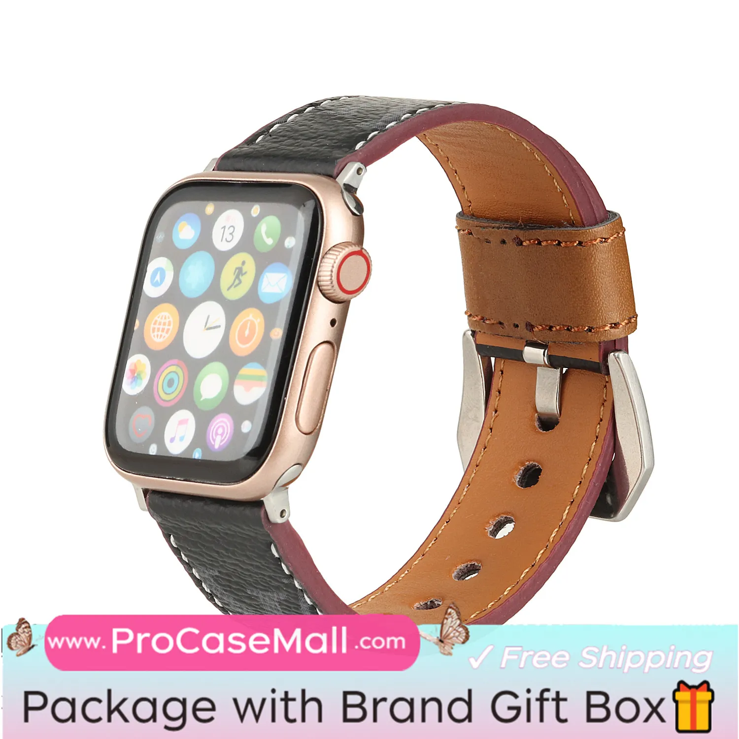 LV Genuine Leather Monogram Canvas Apple Watch Strap Checkerboard Canvas