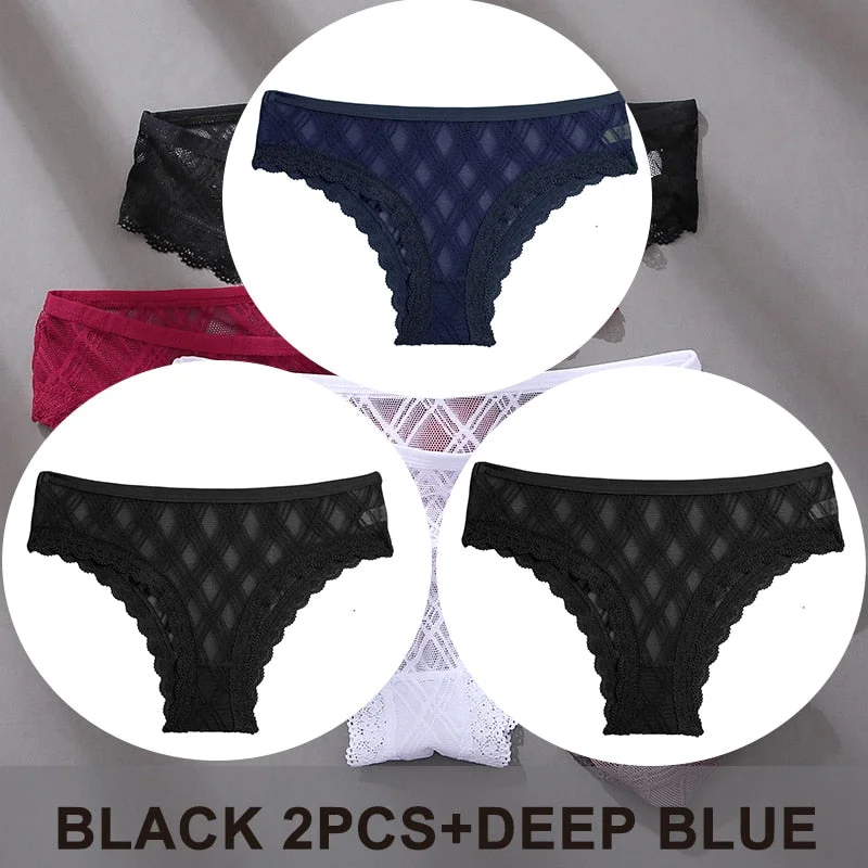 FINETOO 3PCS/Set Women's Panties Sexy Lace Lingerie Temptation Underwear Briefs Pespective Woman Thongs Mesh Underpants Female