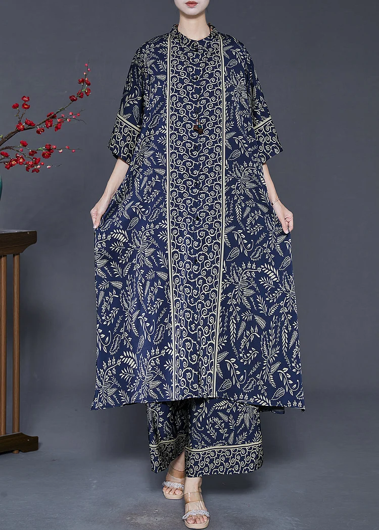 Navy Print Silk Two Piece Set Women Clothing Oversized Summer