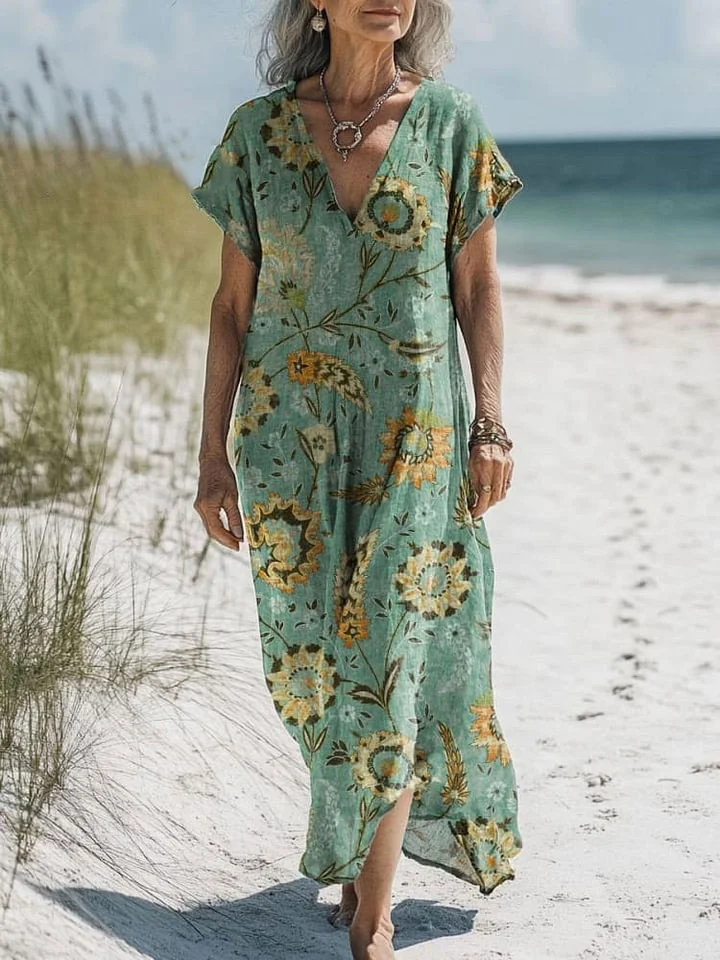 Women's Vintage Lovely Floral Art Print Pocket Cotton Dress