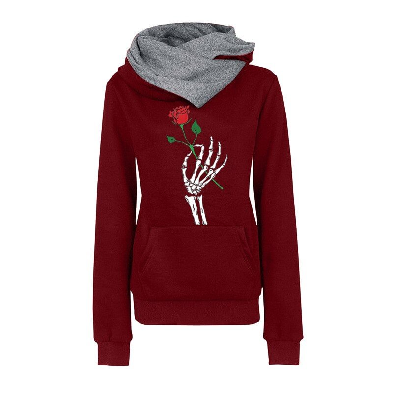 Winter Rose Print Hoodies Women Clothes Fashion Long Sleeve Fleece Keep Vintage Sweatshirt Plus Size Halloween Pullovers Tops