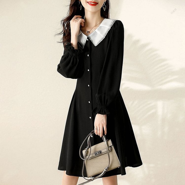 Black Elegant Solid Long Sleeve Dresses