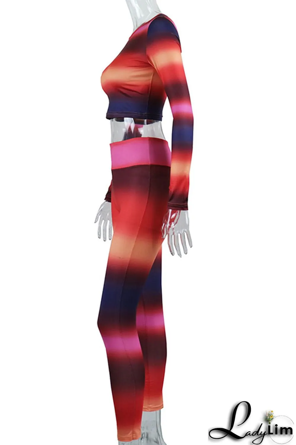 Colour Sexy Striped Print Split Joint O Neck Long Sleeve Two Pieces