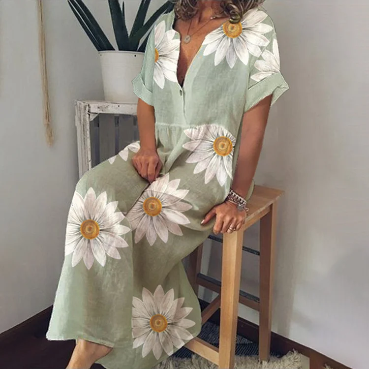 Floral Print V-Neck Loose Midi Dress