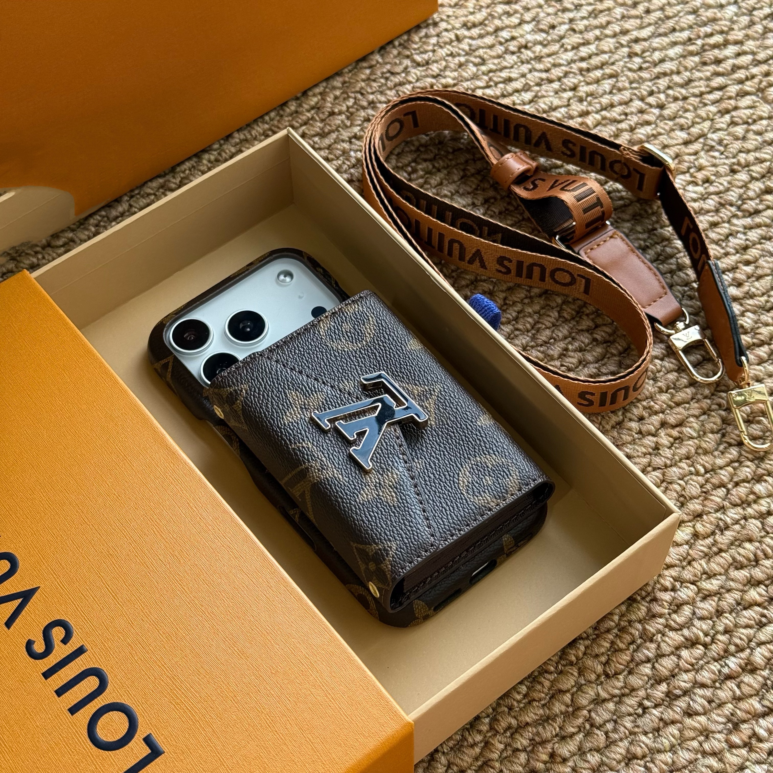 LV Gucci Monogram Crossbody Wallet Phone Case with Card Slots and Adjustable Strap for iPhone and Samsung