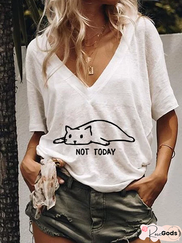 Cat Printed Women Summer Casual V Neck T Shirt Tops