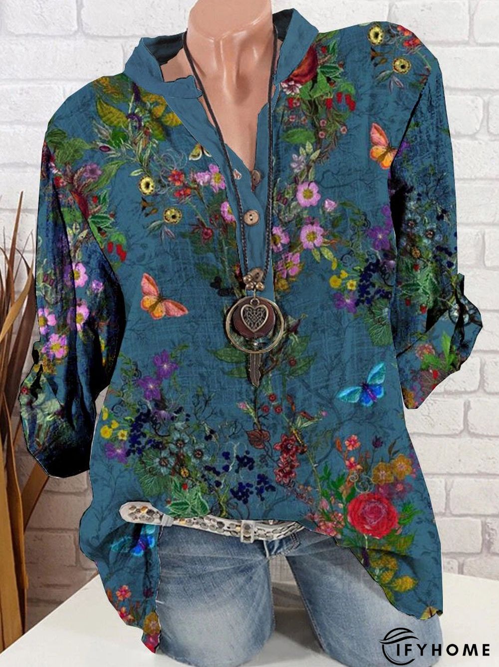 Printed Vacation Loose Stand Collar Tunic Blouse | IFYHOME