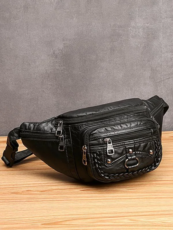 Vintage Studded Washed Leather Functional Bag