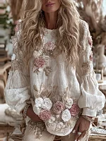 Women's Vintage Romantic White Rose Embroidery Art Comfy Linen Long Sleeve Shirt