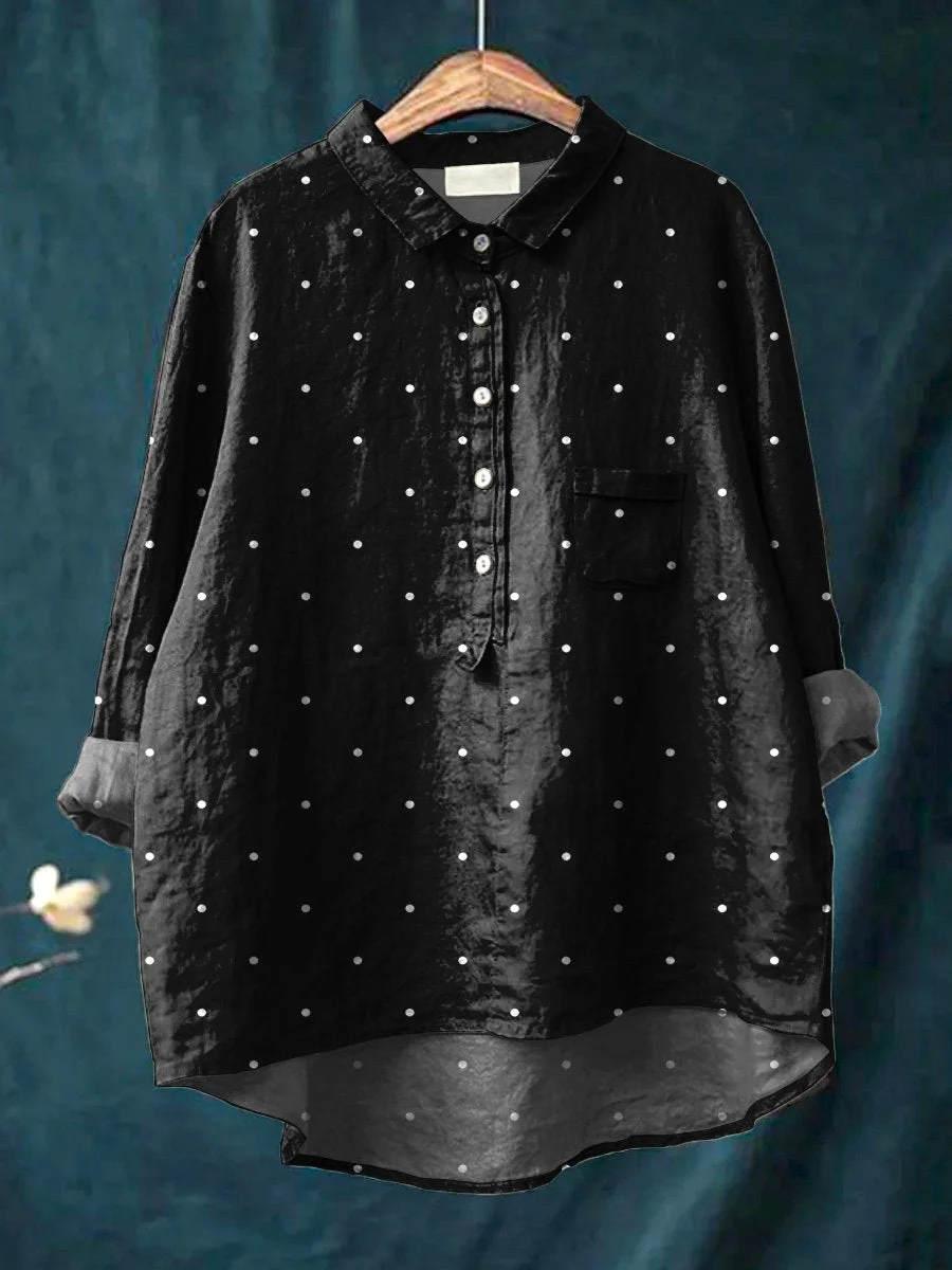 Polka Dot Pattern Printed Women's Casual Cotton And Linen Shirt