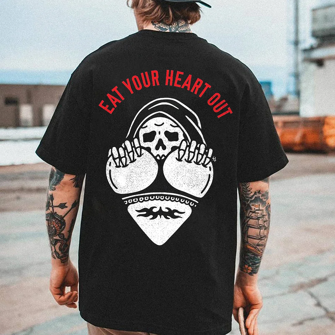 Eat Your Heart Out Skull Printed Men's T-shirt -  