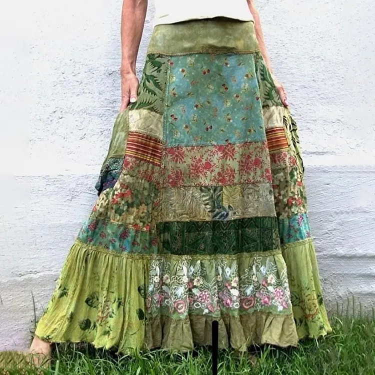 Women's Green Flowers Patchwork Art Linen Blend Skirt