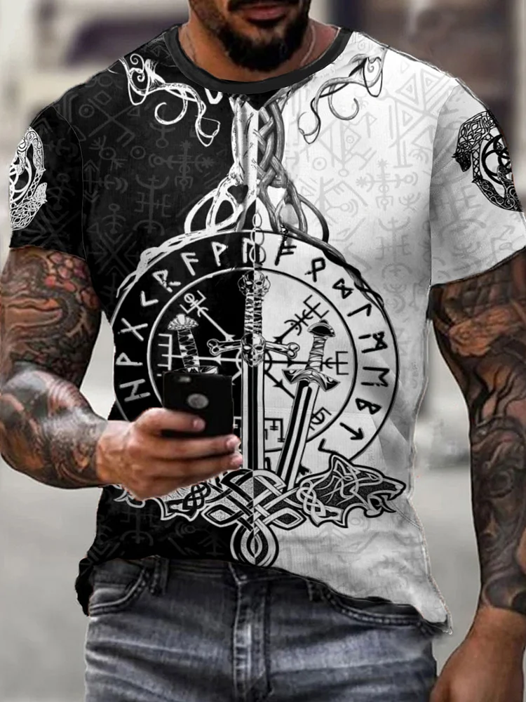 Herren Viking Style Odin Ravens & Vegvisir Bedrucktes T-Shirt