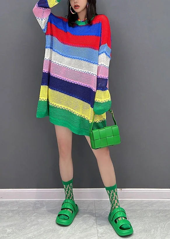 Knitted Hollow Out Solid O-neck Slit Maxi Dress