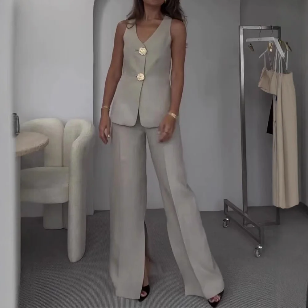 Uveng Uveng Spring And Summer New Solid Color V-Neck Sleeveless Vest Wide Leg Pants Casual Two-Piece Set