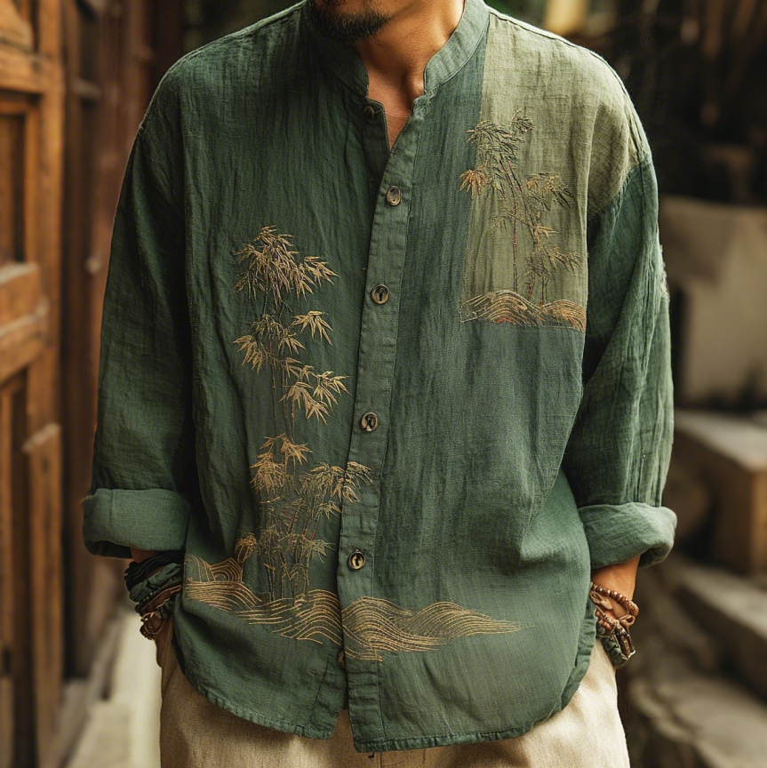 Men's Japanese-style Bamboo Waves Pattern Linen Blend Shirt  artssus