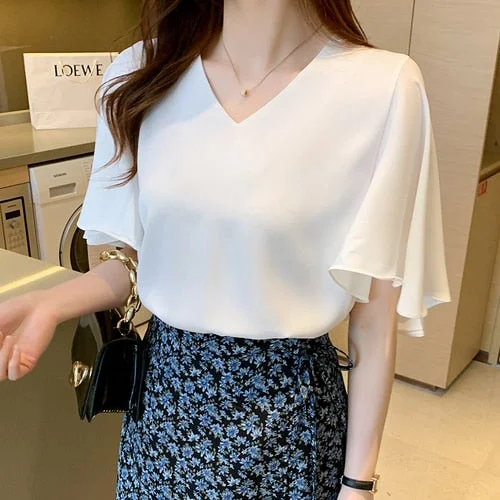 Blusas Blouses Tops Women White Blouse Short Sleeve Blouse Women Blusas Mujer De Moda 2021 V-Neck Chiffon Blouse Shirt Top E792