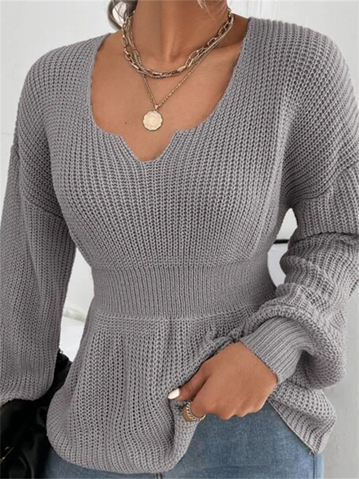 New Sweater Women's Fashion V-neck Slim-type Pullover Solid Color Long-sleeved Ruffled Waist Women's Shirt