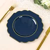 10 Pack | 8" Navy Blue Hard Plastic Dessert Appetizer Plates, Disposable Tableware, Baroque Heavy Duty Salad Plates with Gold Rim