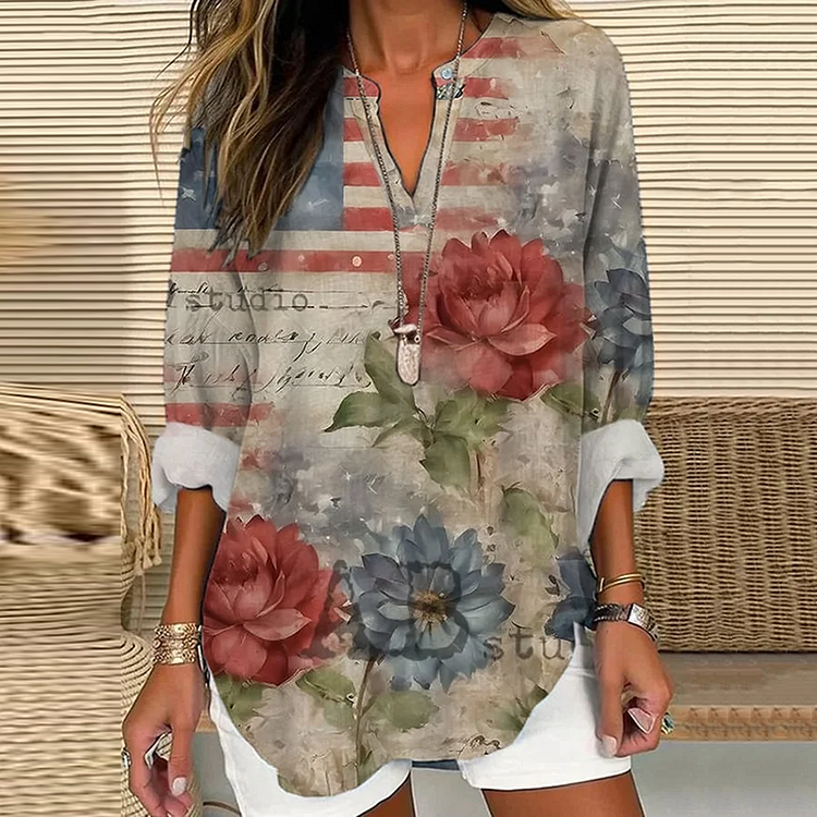 Women's Independence Day Retro Art Floral Casual Print Casual  Shirt