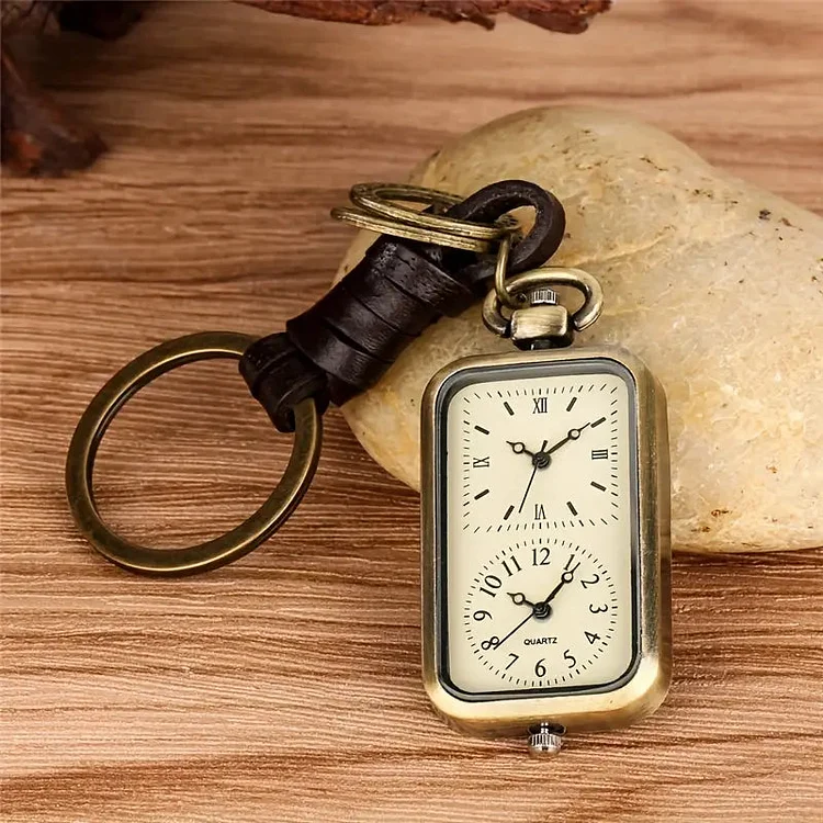Vintage Bronze Quartz Movement Square Double Timing Core Keychain Pocket Watch