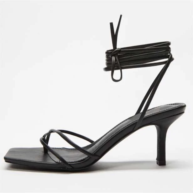 Custom Made Black Square Toe Heels Ankle Strap Sandals |FSJ Shoes